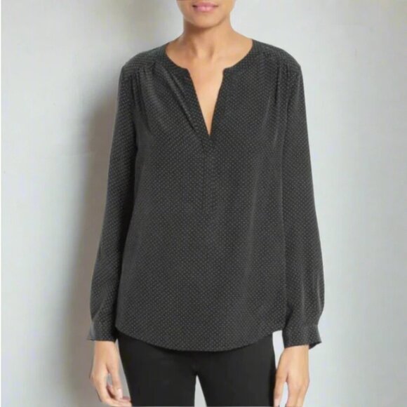 Joie Polka Dot Silk Blouse Womens XXS Black VNeck Long-Sleeve Carita Top Relaxed - Picture 1 of 9
